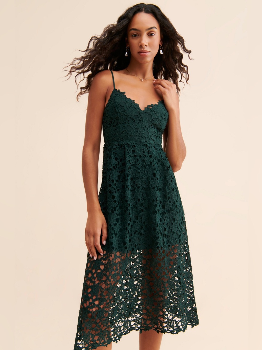 Astr Deep Green Lace Midi Dress